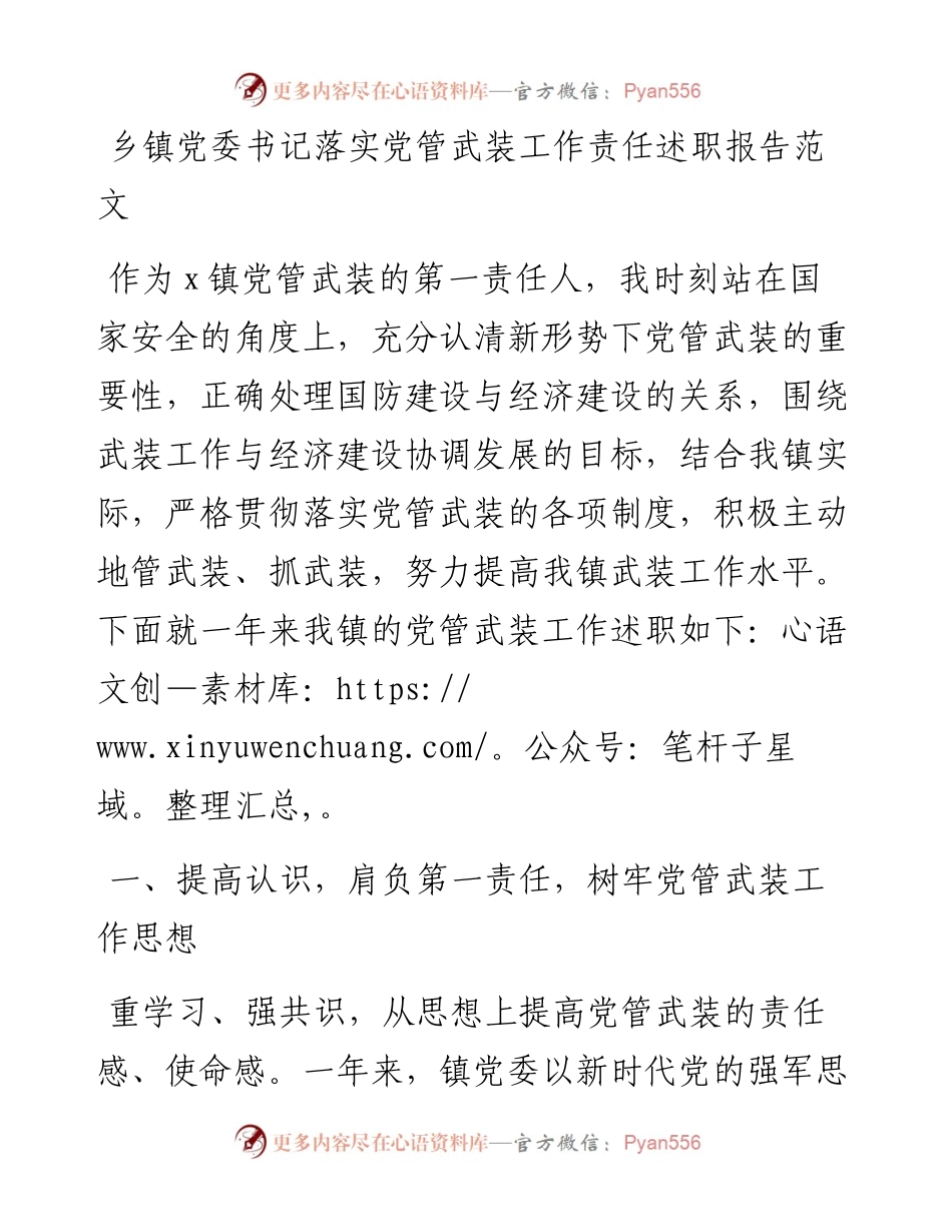 乡镇党委书记落实党管武装工作责任述职报告.docx_第1页