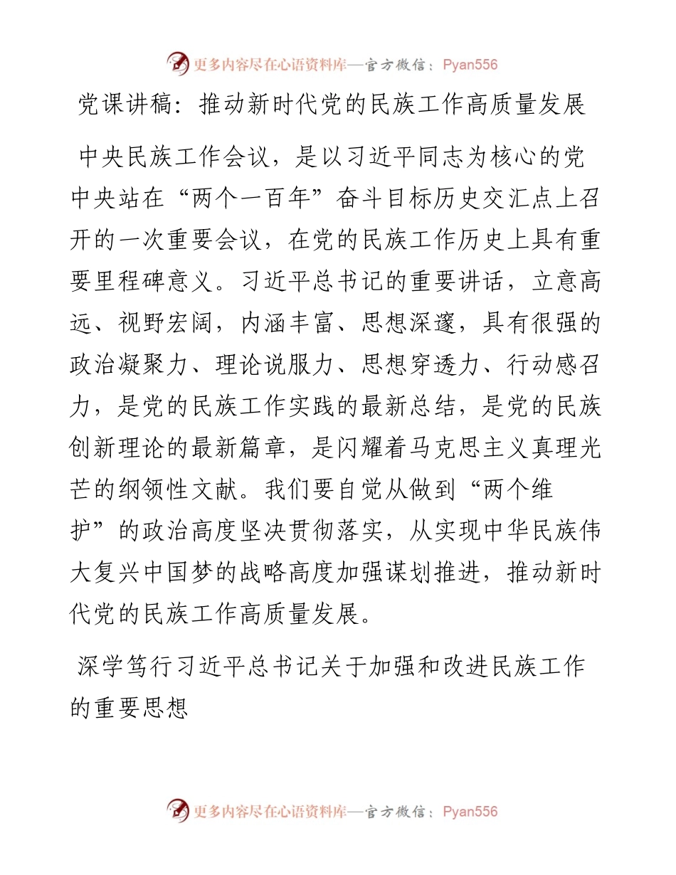 党课讲稿：推动新时代党的民族工作高质量发展.docx_第1页