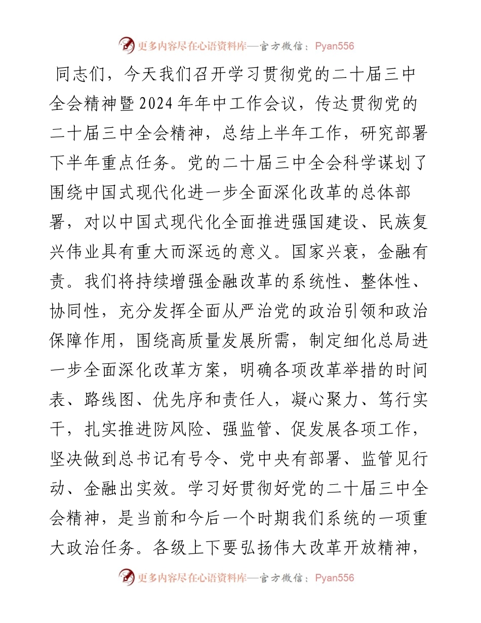 党组书记在学习贯彻党的二十届三中全会精神暨2024年年中工作会议的讲话.docx_第1页