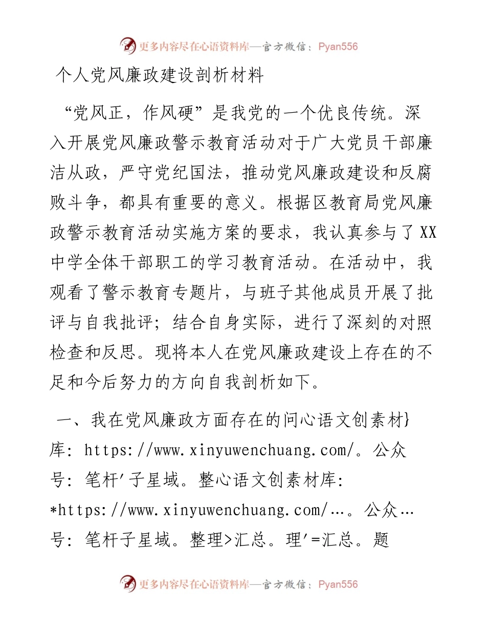 个人党风廉政建设剖析材料.docx_第1页