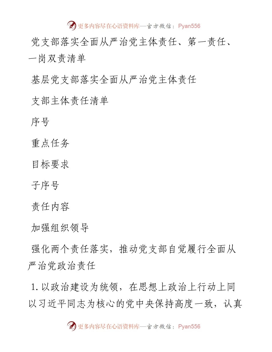 党支部落实全面从严治党主体责任、第一责任、一岗双责清单.docx_第1页