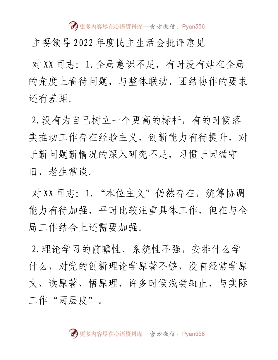 主要领导度民主生活会批评意见.docx_第1页