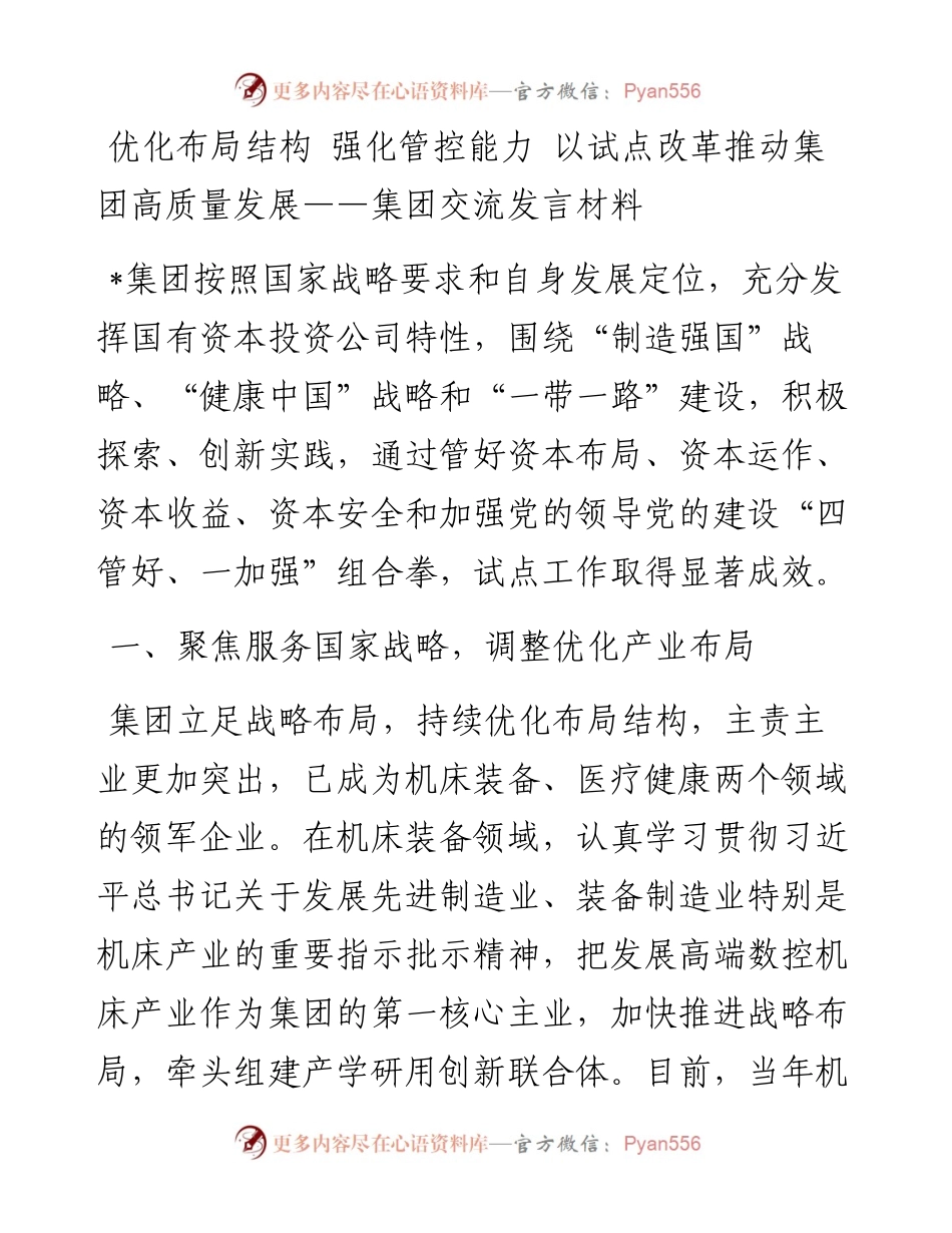 优化布局结构 强化管控能力 以试点改革推动集团高质量发展——集团交流发言材料.docx_第1页