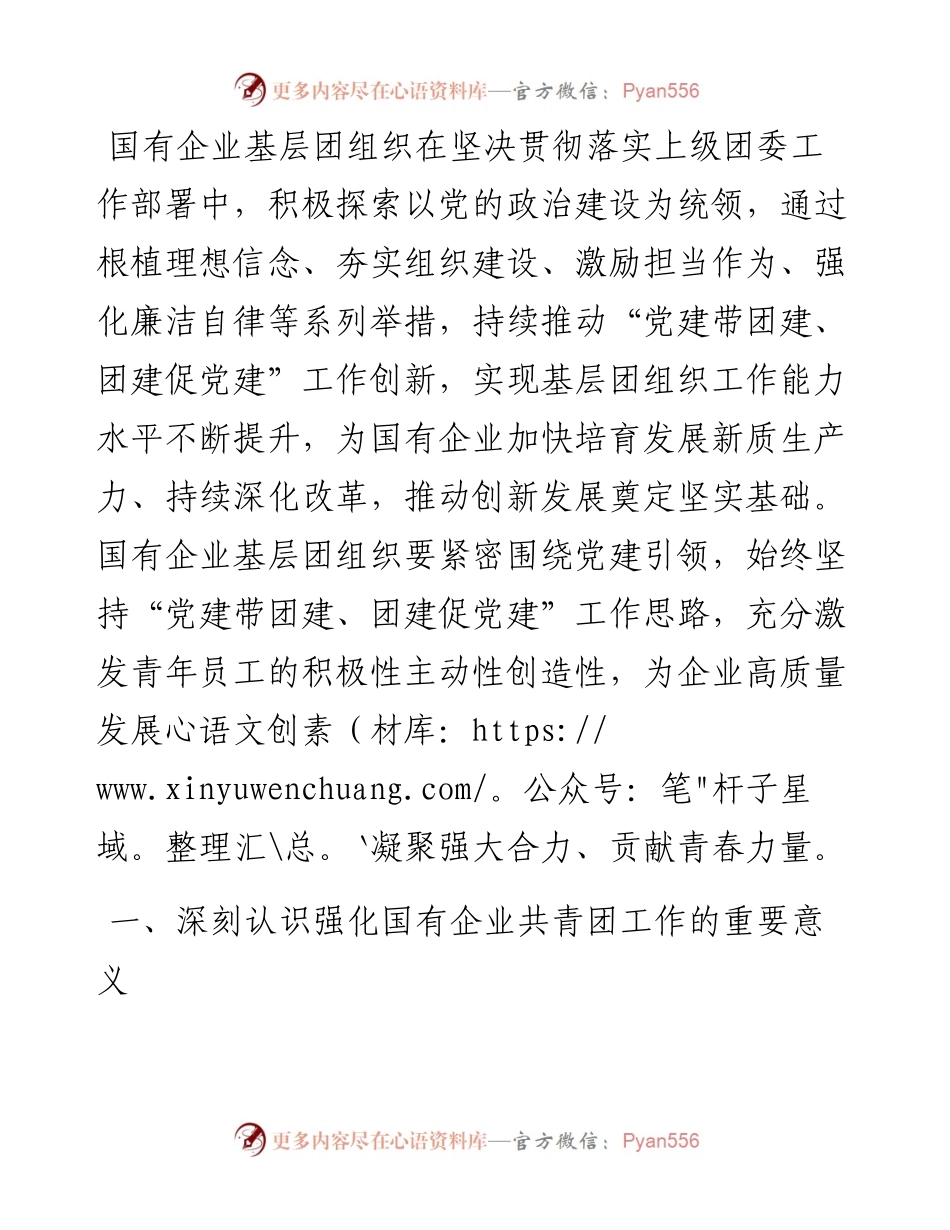 专题党课：坚持带团建，全面强化国有企业共青团工作，为企业高质量发展贡献团青力量.docx_第1页