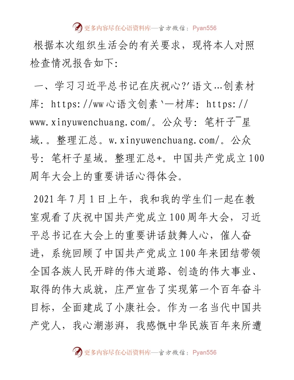 中学教师党史学习教育专题组织生活会个人检视材料.docx_第1页