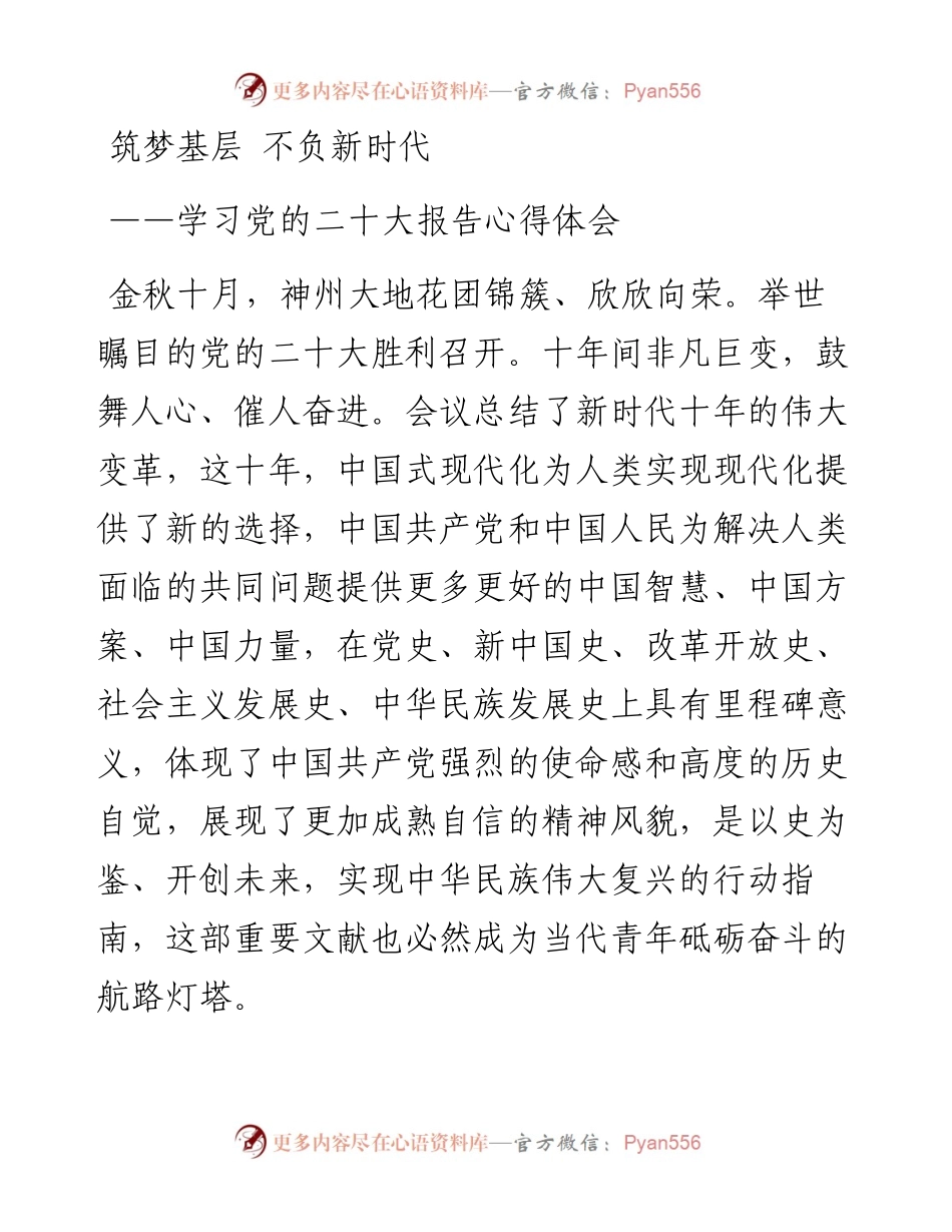 二十大报告心得：筑梦基层 不负新时代.docx_第1页
