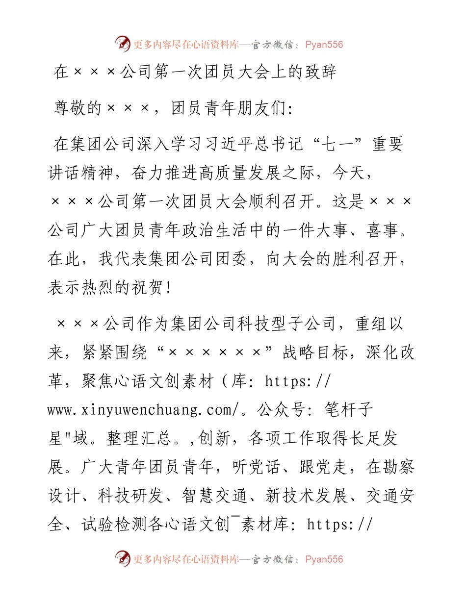 上级团委领导在××公司第一次团员大会上的致辞.docx_第1页