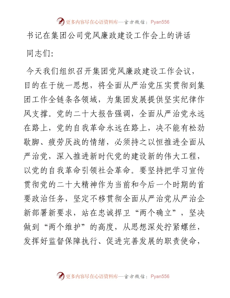 书记在集团公司党风廉政建设工作会上的讲话.docx_第1页