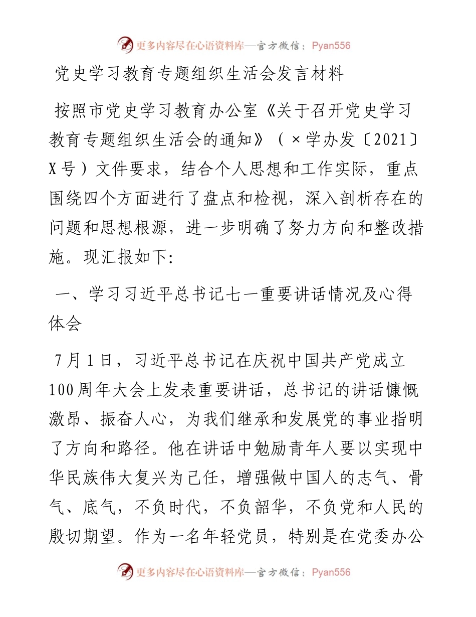 党史专题组织生活会个人剖析（青年党员）.docx_第1页