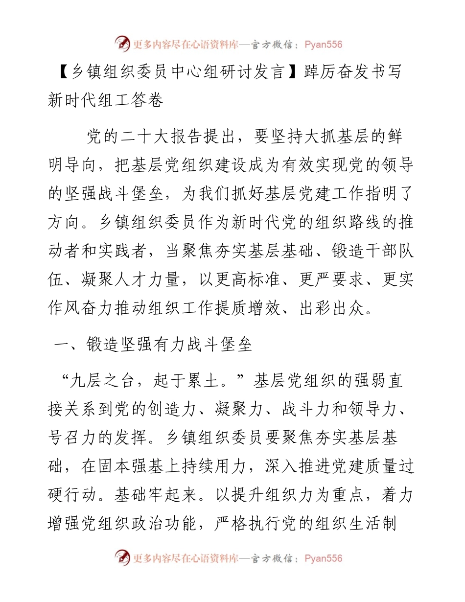 乡镇组织委员中心组研讨发言：踔厉奋发书写新时代组工答卷.docx_第1页