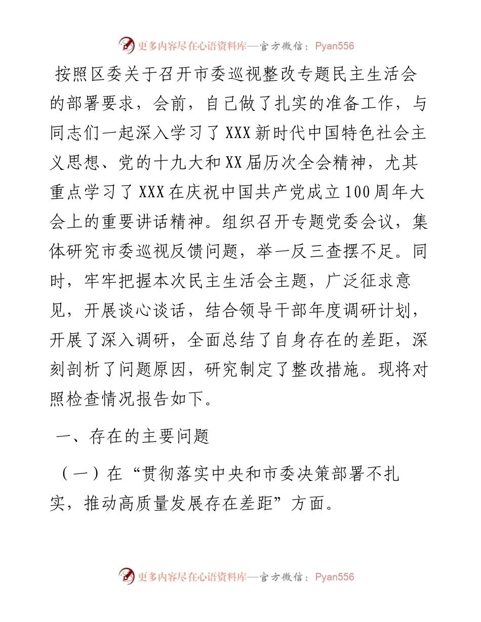 乡镇党委书记在市委巡视整改专题民主生活会上的个人发言提纲.docx_第1页