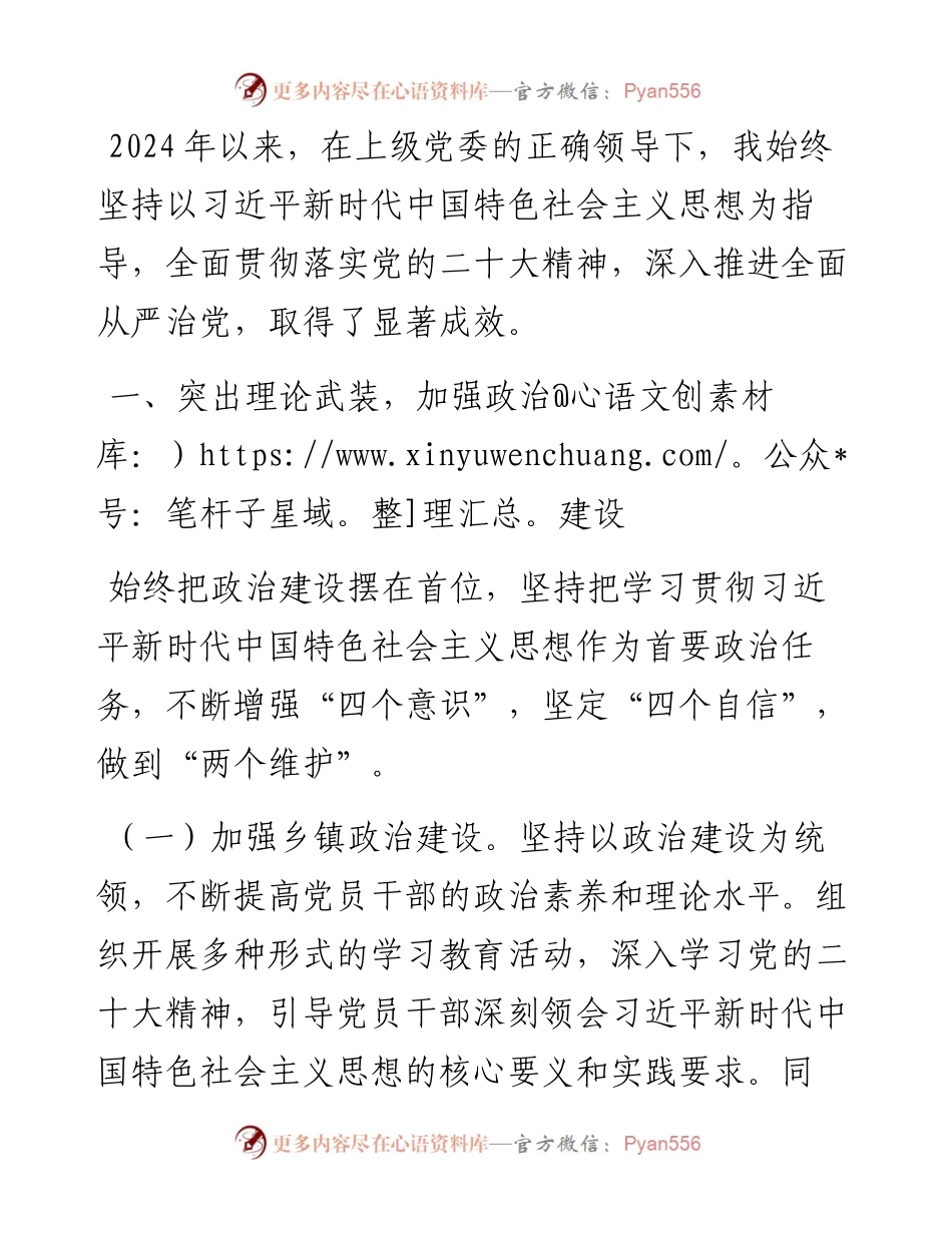 乡镇党委书记2024年上半年全面从严管治党情况报告.docx_第1页