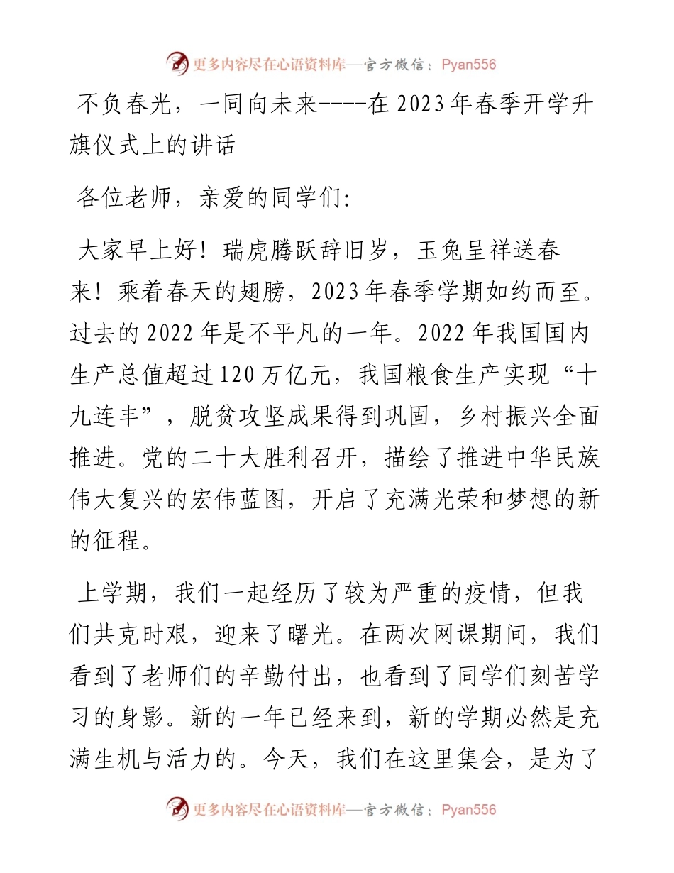 不负春光，一同向未来----在2023年春季开学升旗仪式上的讲话.docx_第1页