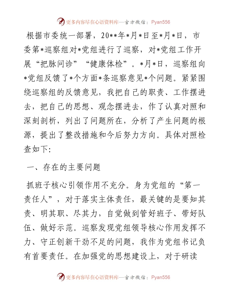 书记巡察整改专题民主生活会个人对照检查材料.docx_第1页