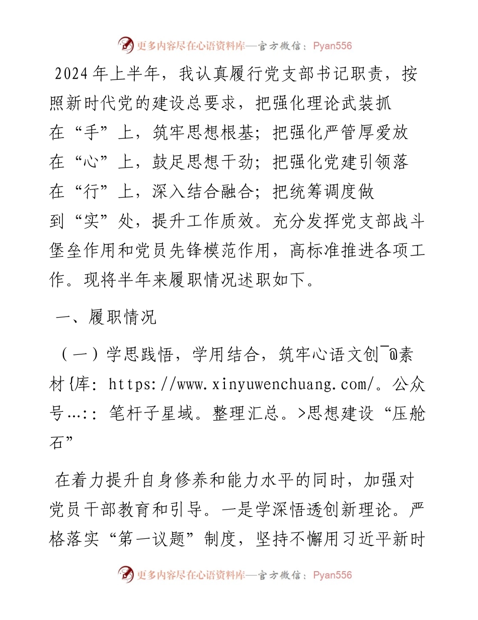 党支部书记2024年度上半年党建述职报告.docx_第1页