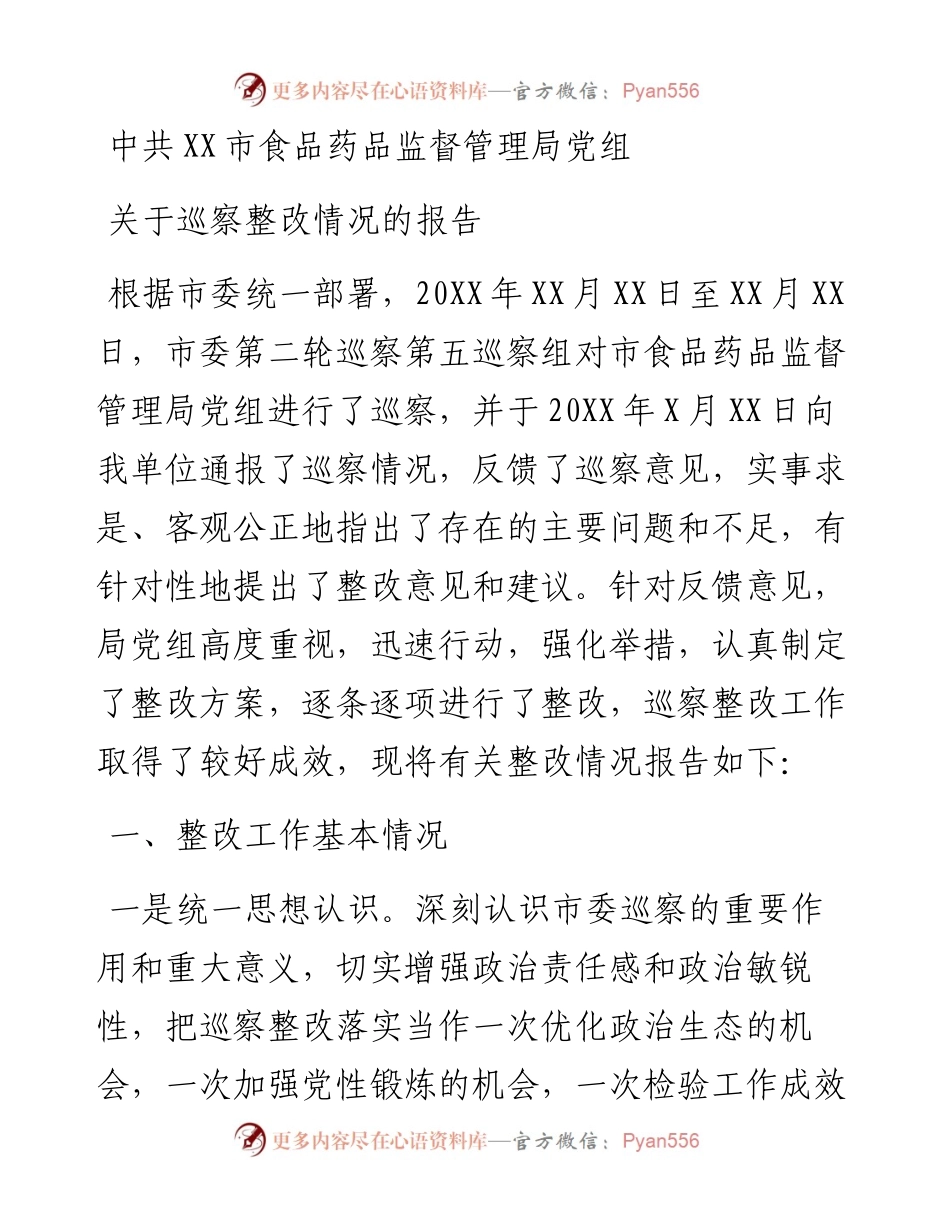 中共XX市食品药品监督管理局党组关于巡察整改情况的报告.docx_第1页