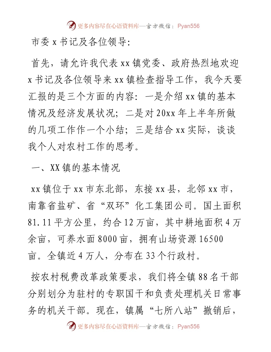 乡镇党委向市委书记的专题汇报材料.docx_第1页