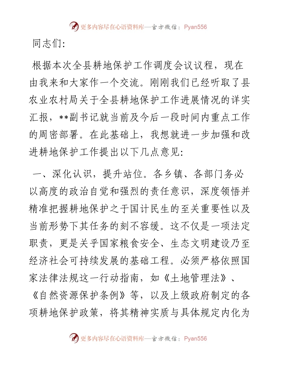 书记在全县耕地保护工作调度会上的讲话.docx_第1页