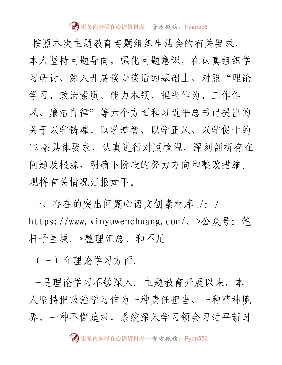 党支部纪检委员主题教育专题组织生活会对照检查.docx_第1页
