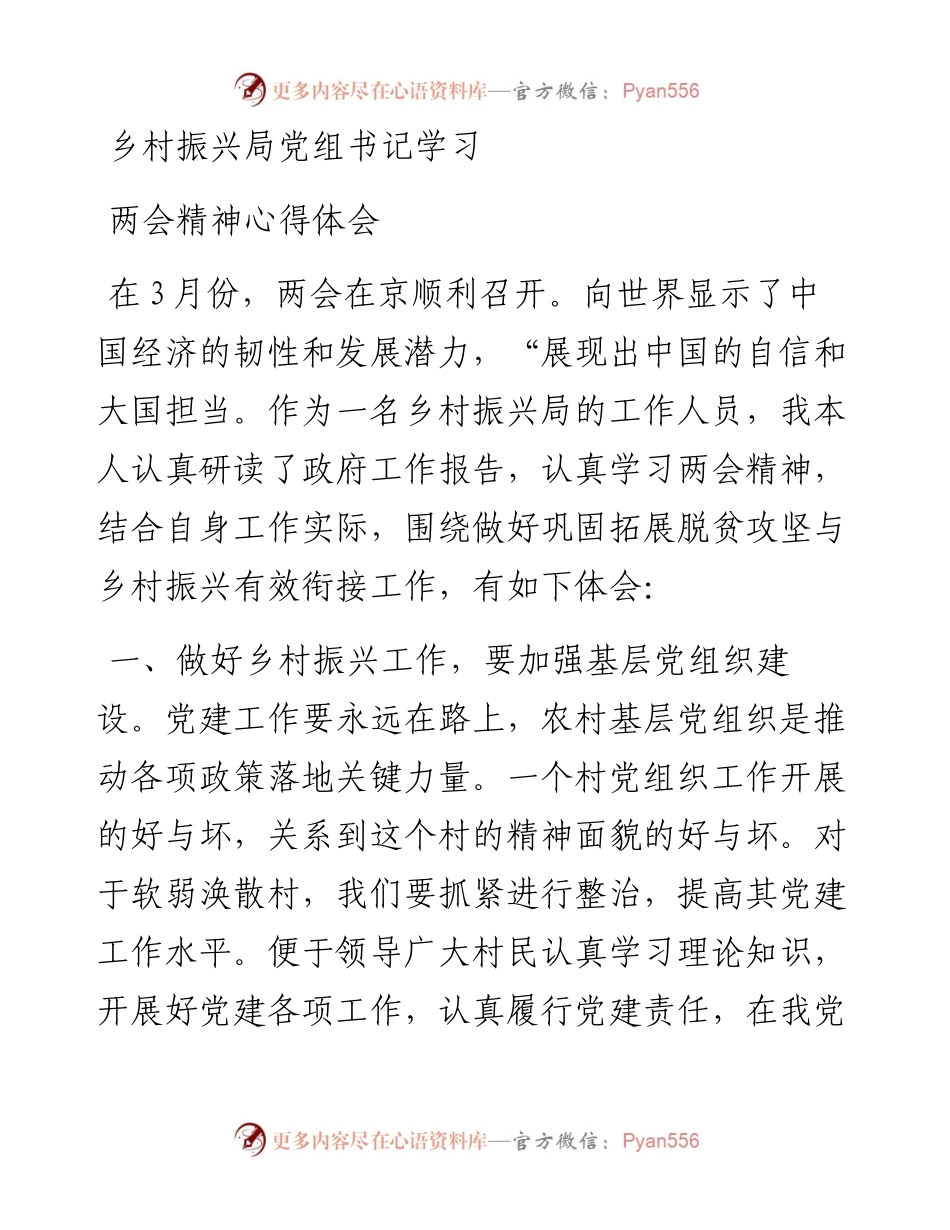 乡村振兴局党组书记学习两会精神心得体会.docx_第1页