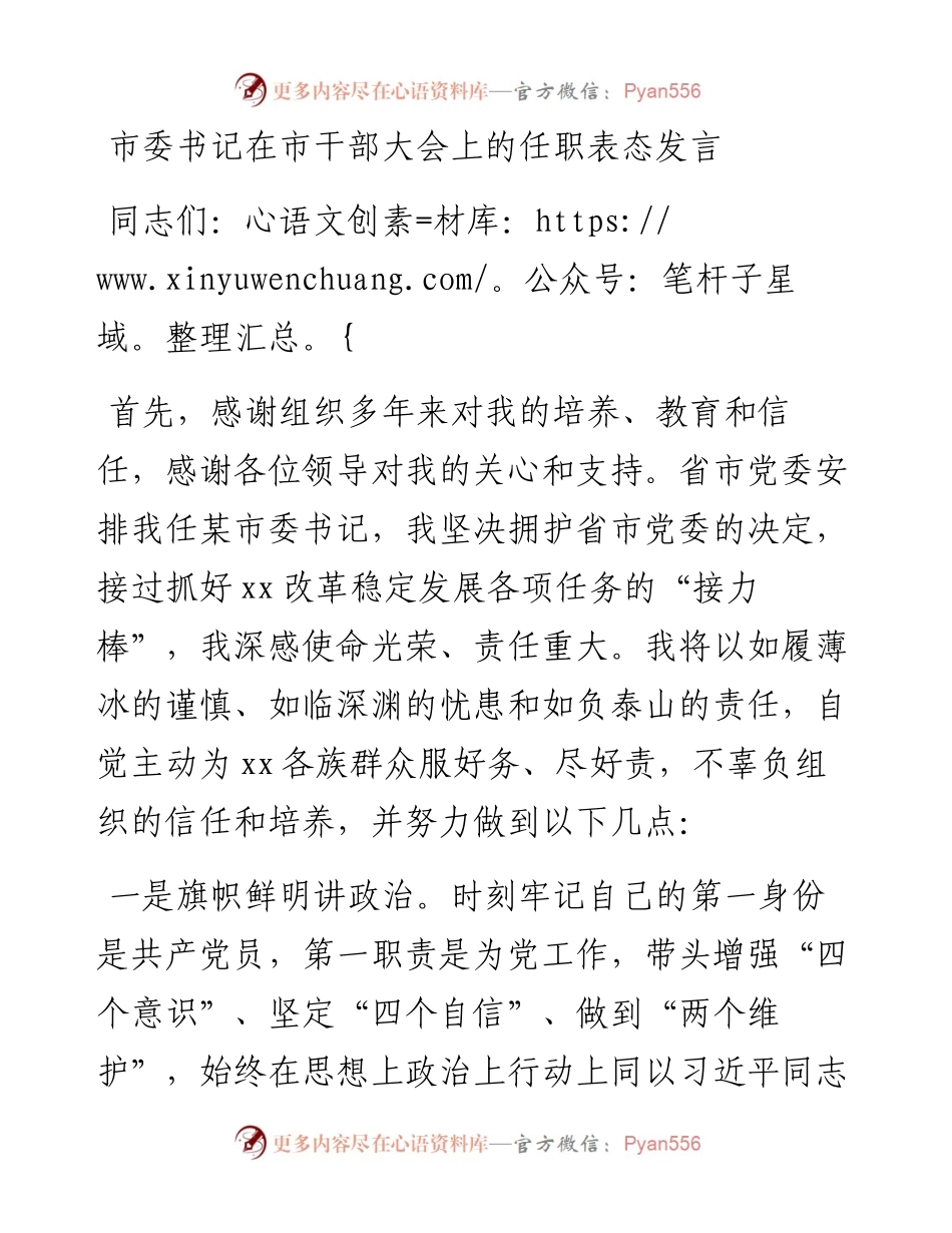 党委系统任职讲话：市委书记在市干部大会上的任职表态发言.docx_第1页