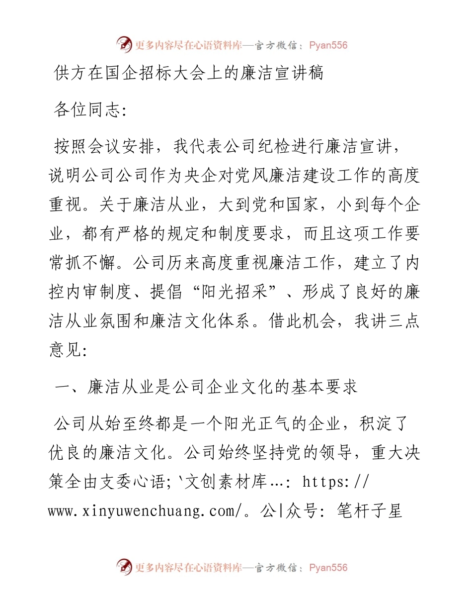 供方在国企招标大会上的廉洁宣讲稿.docx_第1页