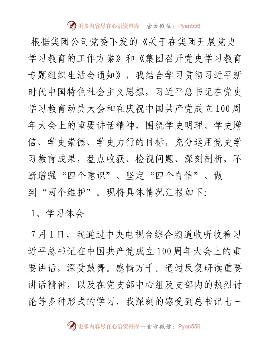 企业党支部党史学习教育专题组织生活会个人发言提纲.docx_第1页