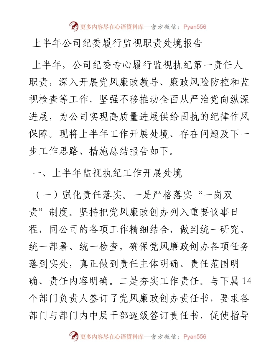 上半年公司纪委履行监视职责处境报告.docx_第1页