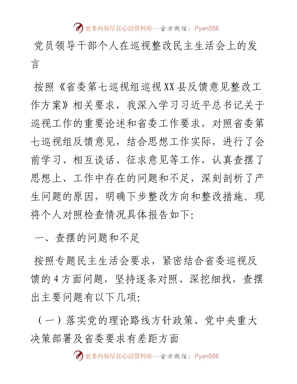 党员领导干部个人在巡视整改民主生活会上的发言.docx_第1页