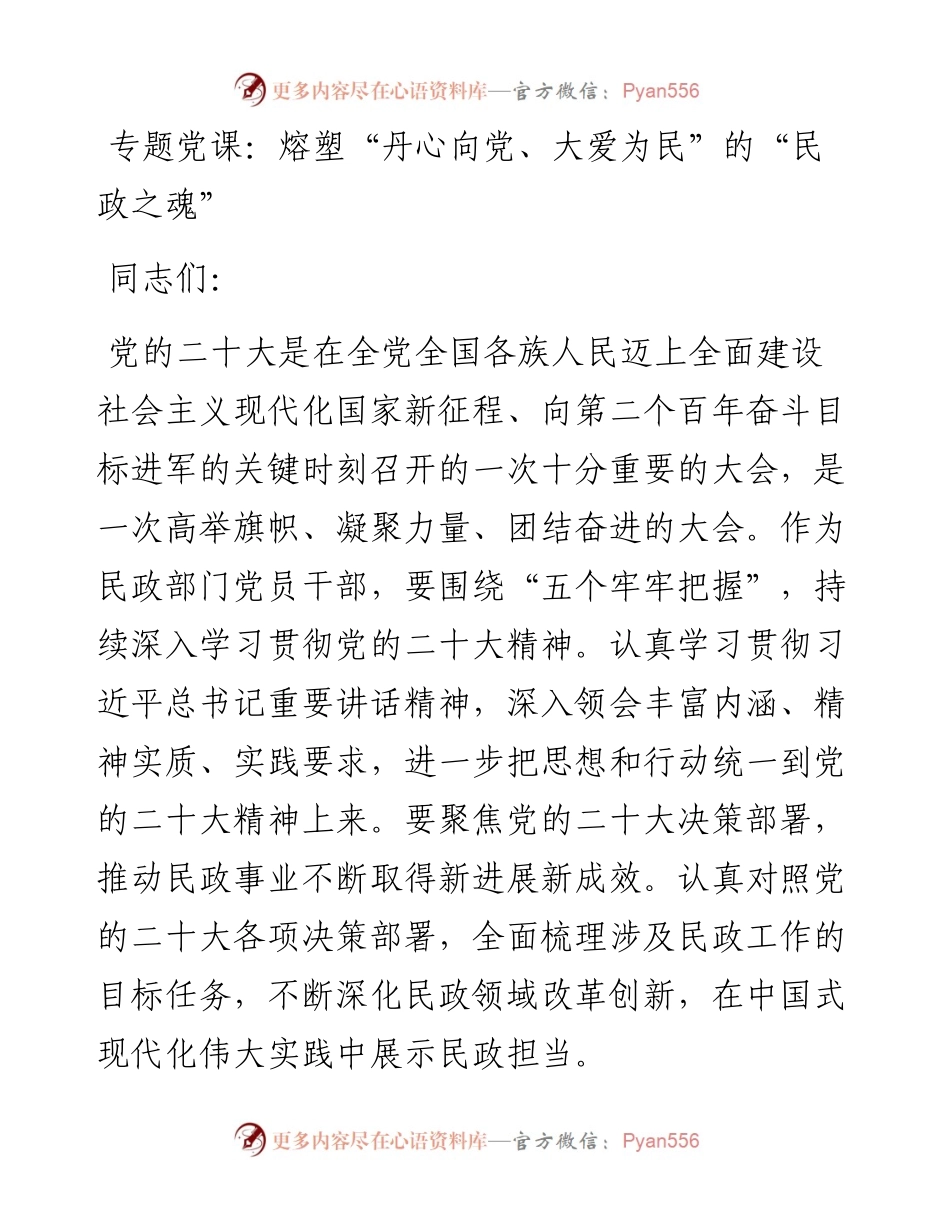 专题党课：熔塑“丹心向党、大爱为民”的“民政之魂”.docx_第1页