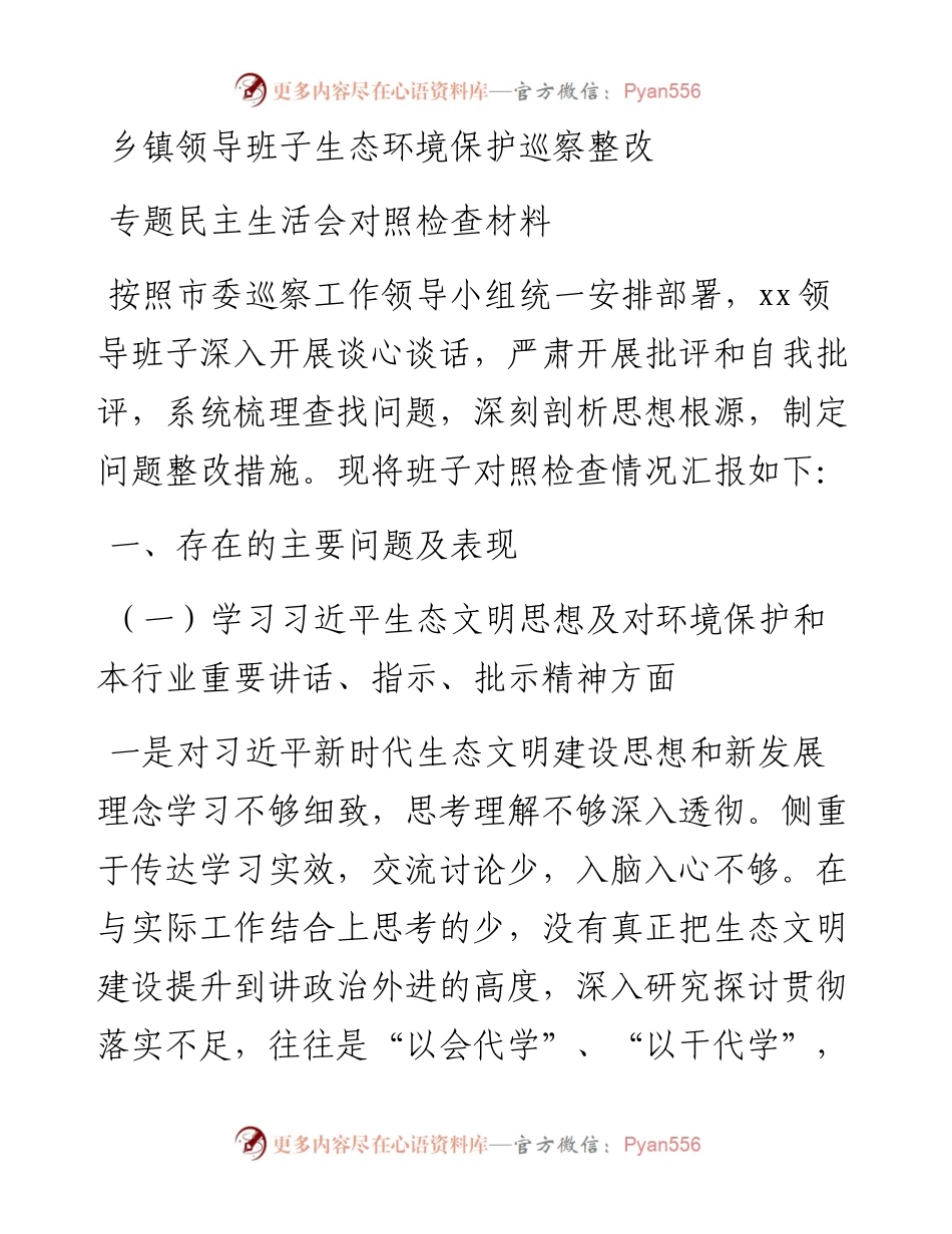 乡镇领导班子生态环境保护巡察整改专题民主生活会对照检查材料范文.docx_第1页