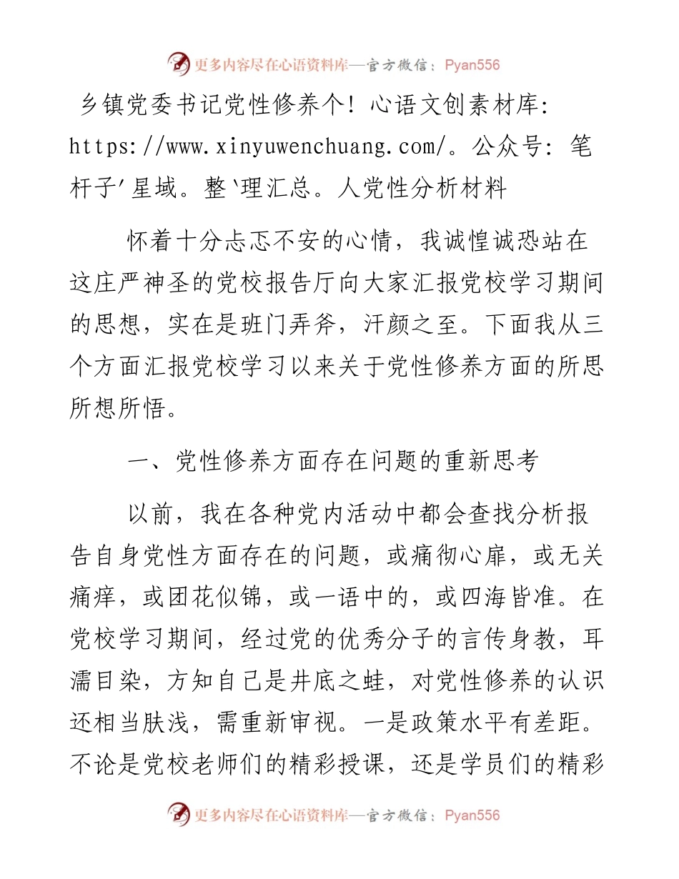 乡镇党委书记党性修养个人党性分析材料.docx_第1页