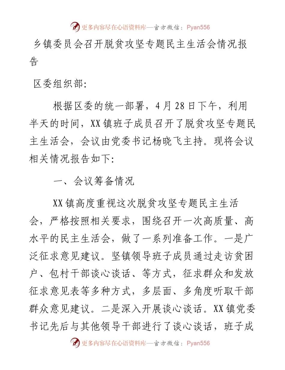 乡镇委员会召开脱贫攻坚专题民主生活会情况报告.docx_第1页