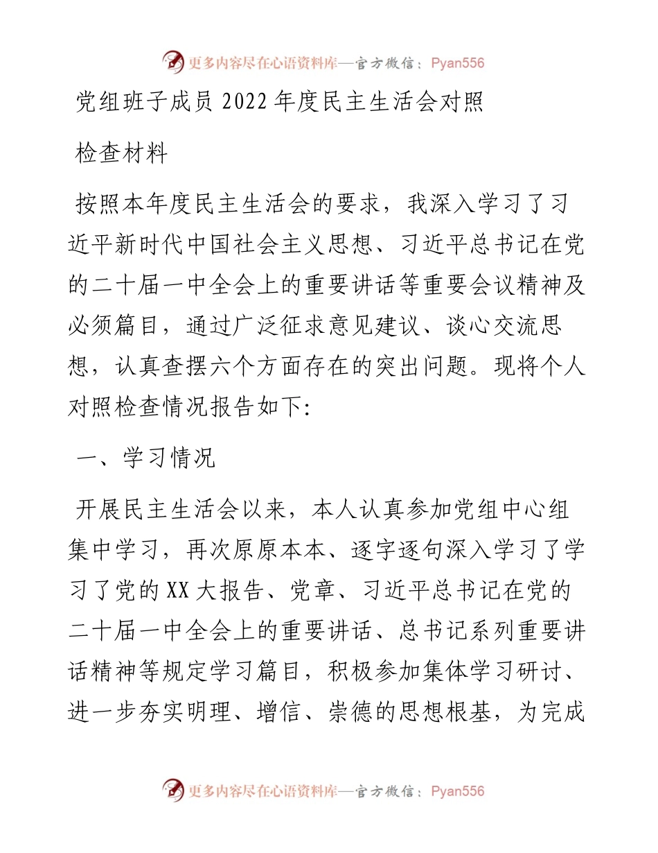 党组班子成员度民主生活会对照检查材料.docx_第1页