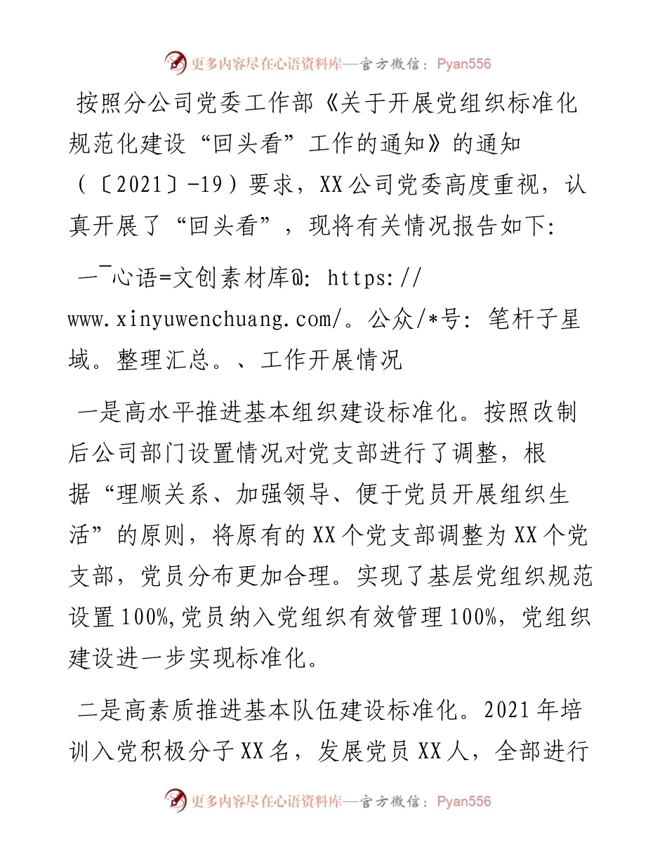 党组织标准化规范化建设“回头看”工作开展情况报告.docx_第1页