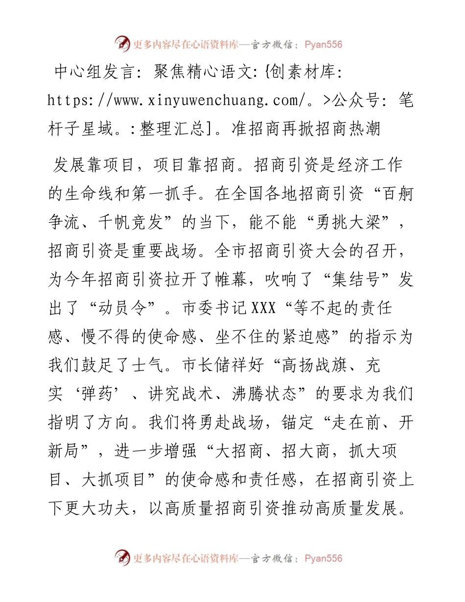 中心组发言：聚焦精准招商再掀招商热潮.docx_第1页