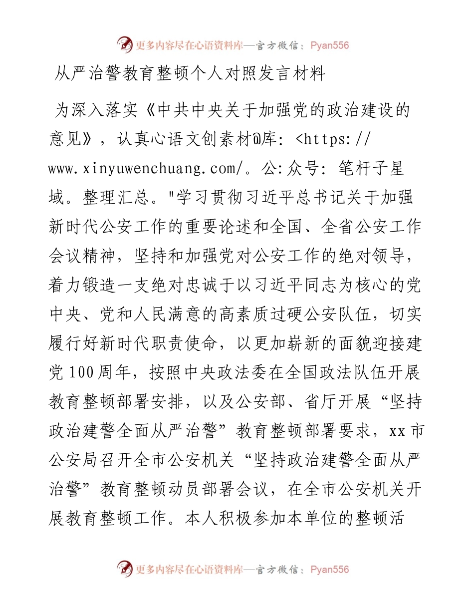 从严治警教育整顿个人对照发言材料.docx_第1页