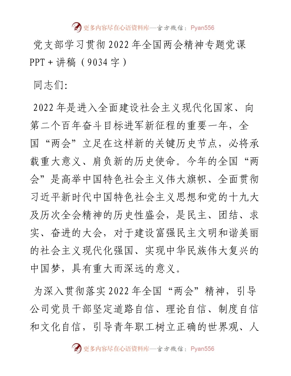 党支部学习贯彻全国两会精神专题党课PPT+讲稿（9034字）.docx_第1页