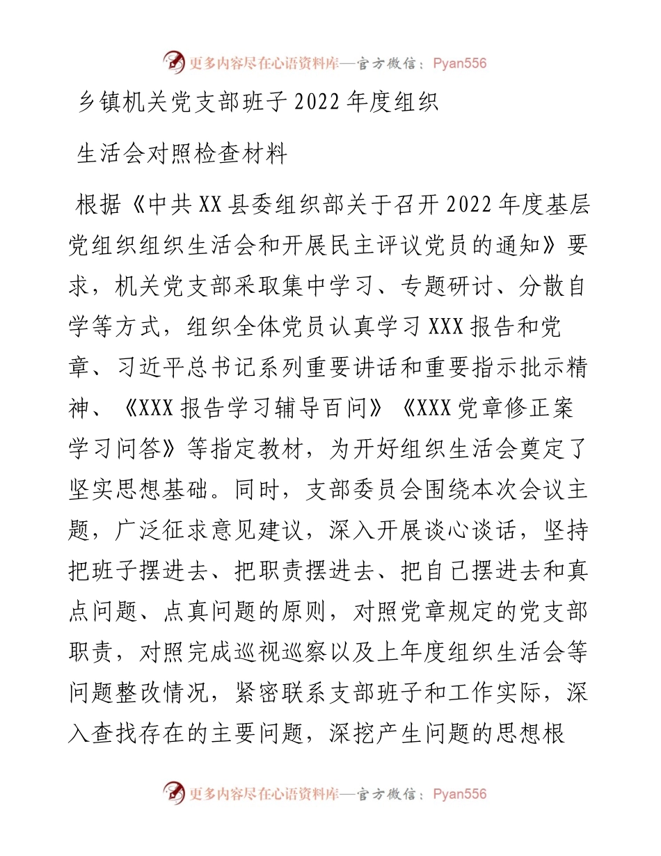乡镇机关党支部班子度组织生活会对照检查材料.docx_第1页