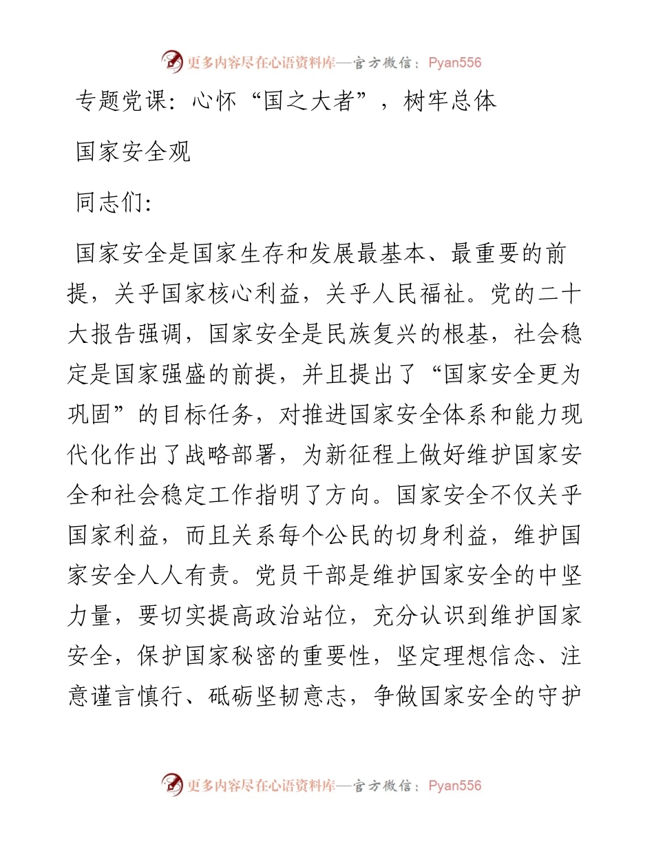 专题党课：心怀“国之大者”，树牢总体国家安全观.docx_第1页