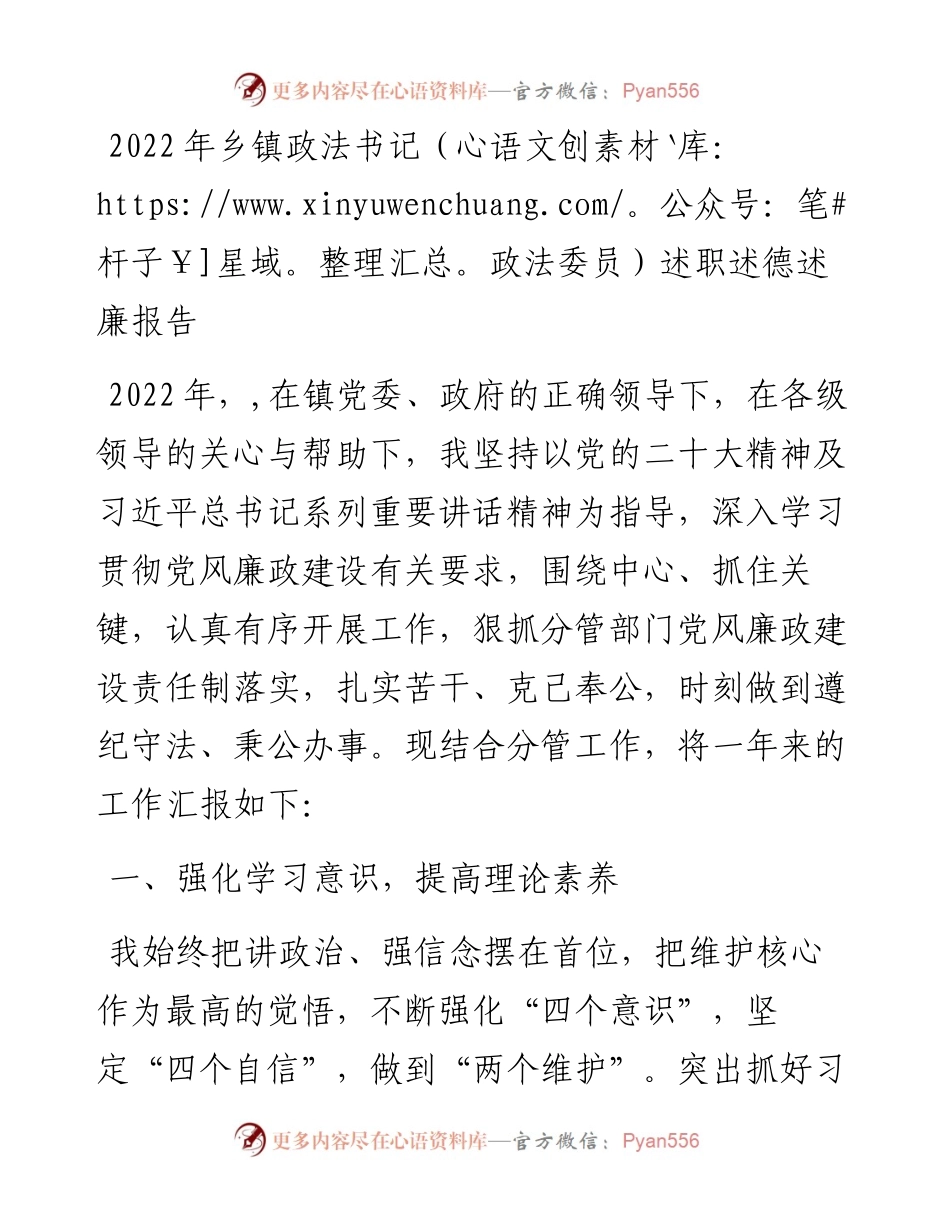 乡镇政法书记（政法委员）述职述德述廉报告.docx_第1页