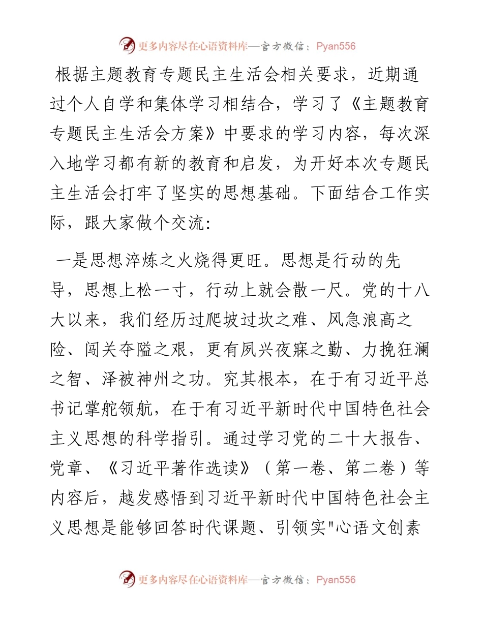 主题教育专题民主生活会会前学习研讨发言材料.docx_第1页