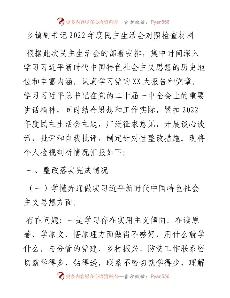 乡镇副书记度民主生活会对照检查材料.docx_第1页
