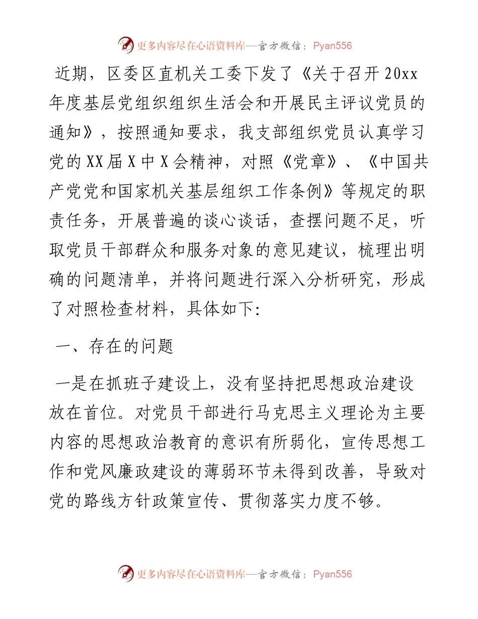 乡镇中心卫生院党支部班子组织生活会对照检查材料.docx_第1页