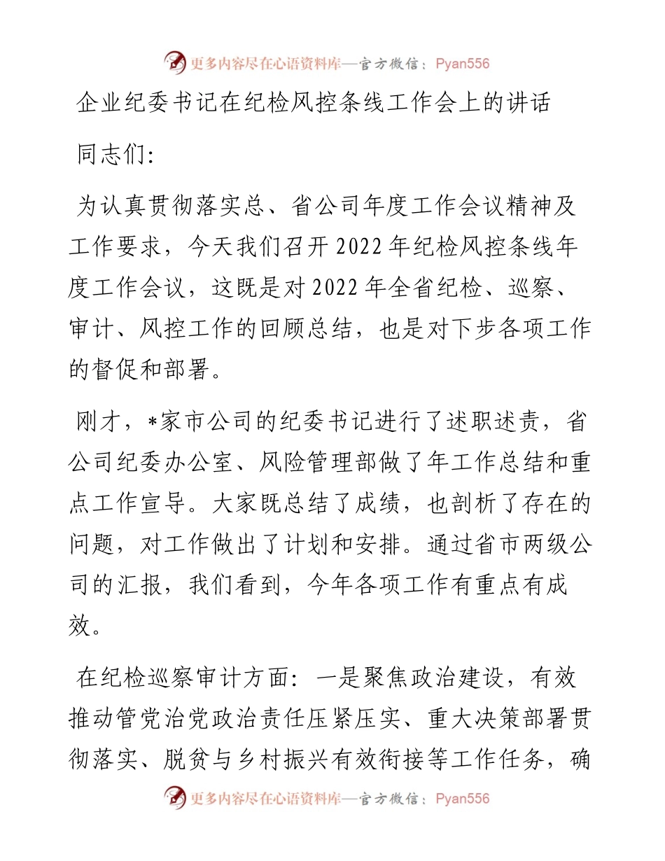 企业纪委书记在纪检风控条线工作会上的讲话.docx_第1页