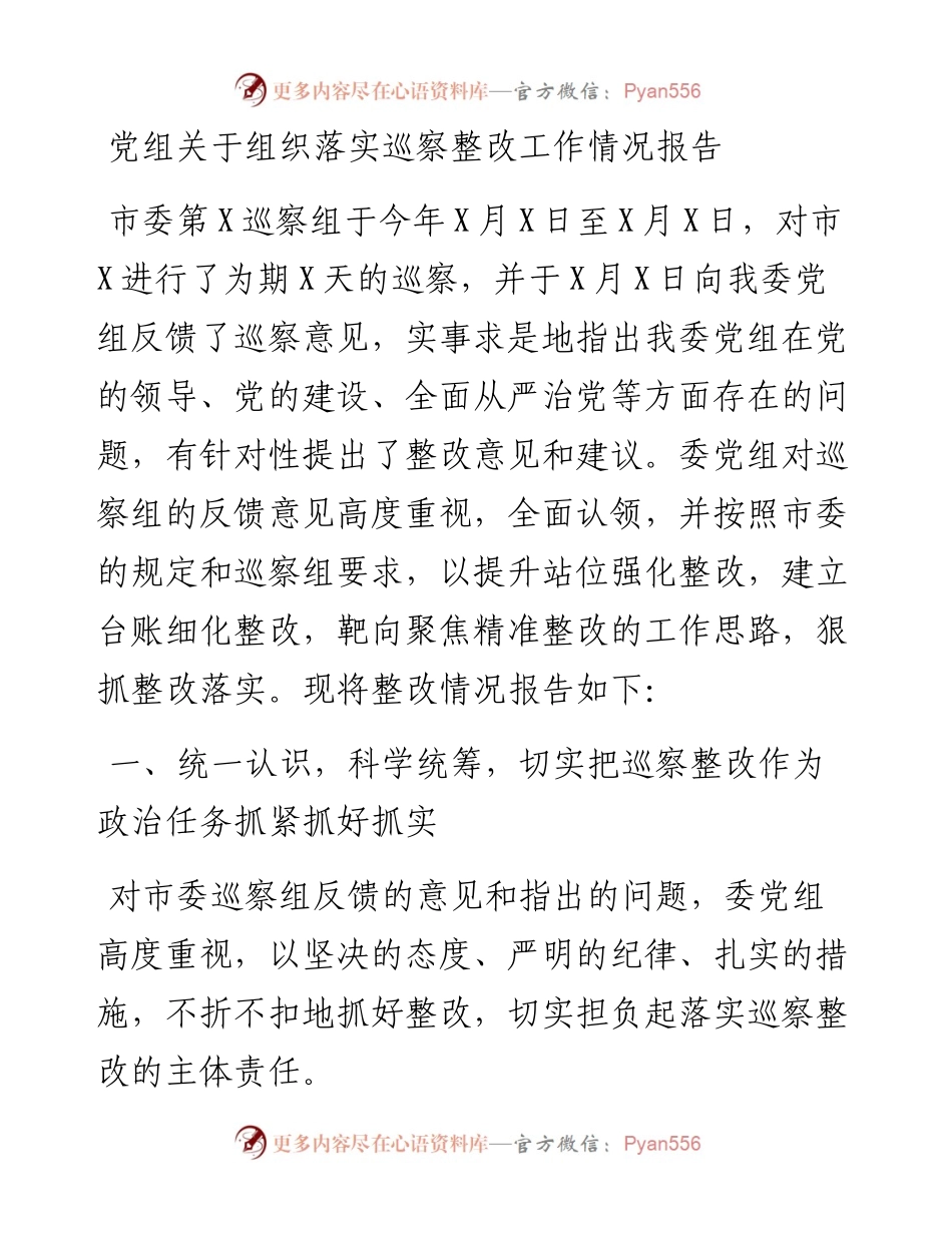 党组关于组织落实巡察整改工作情况报告.docx_第1页