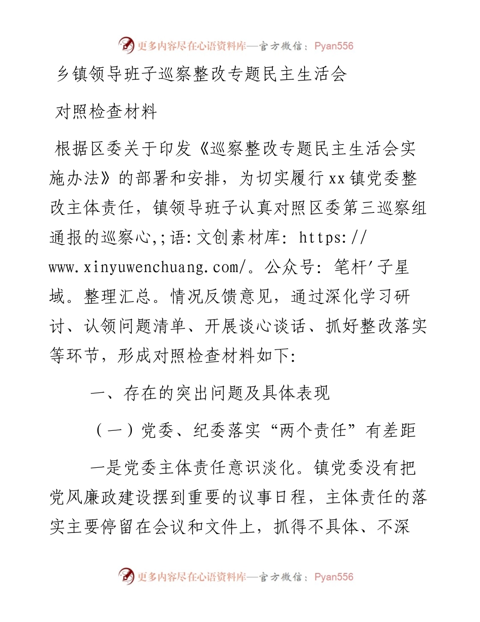 乡镇领导班子巡察整改专题民主生活会对照检查材料.docx_第1页