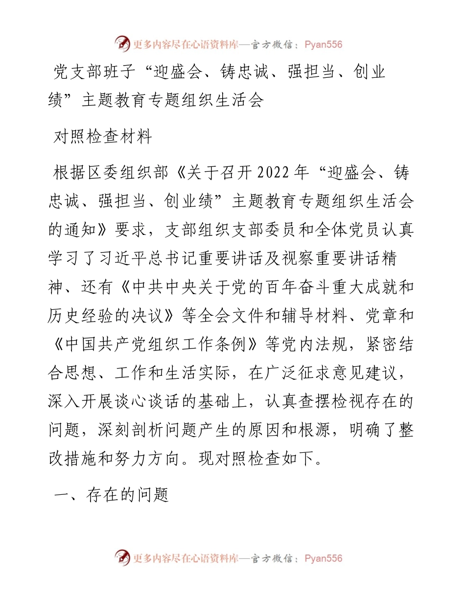 党支部班子“迎盛会、铸忠诚、强担当、创业绩”主题教育专题组织生活会对照检查材料.docx_第1页