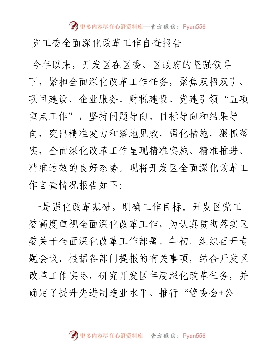 党工委全面深化改革工作自查报告.docx_第1页