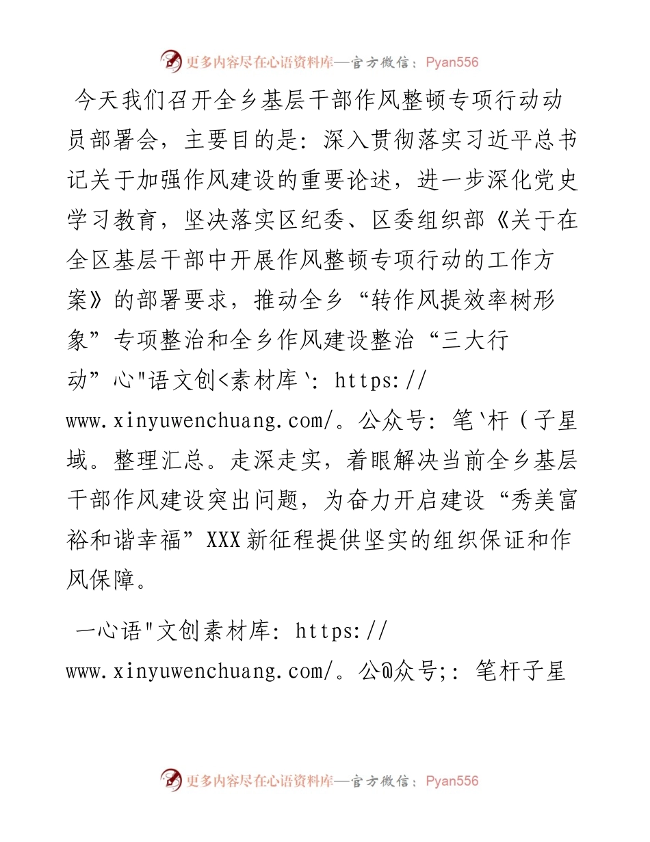 乡基层干部作风整顿专项行动动员部署会发言提纲.docx_第1页